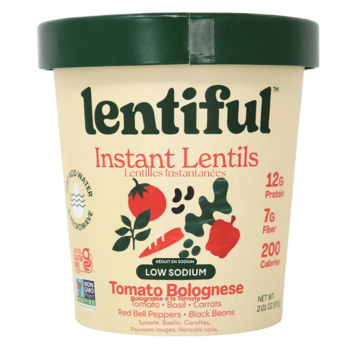 Front of Lentiful Instant Lentils Low Sodium Tomato Bolognese -  Vegan Lentil Meal - Instant Lentil Cup - Gluten Free Lentil Meal Cup