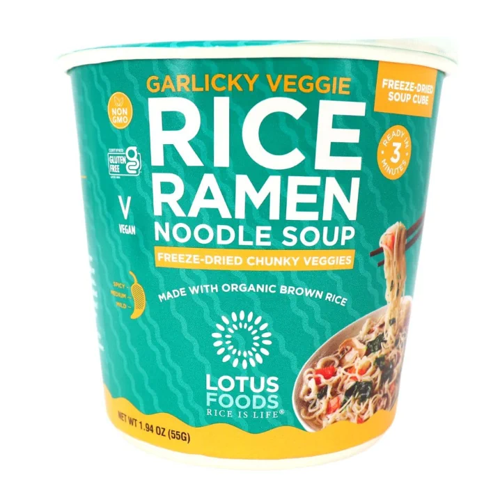 Front of Lotus Foods Gluten-Free Instant Rice Ramen Cup Garlicky Veggie