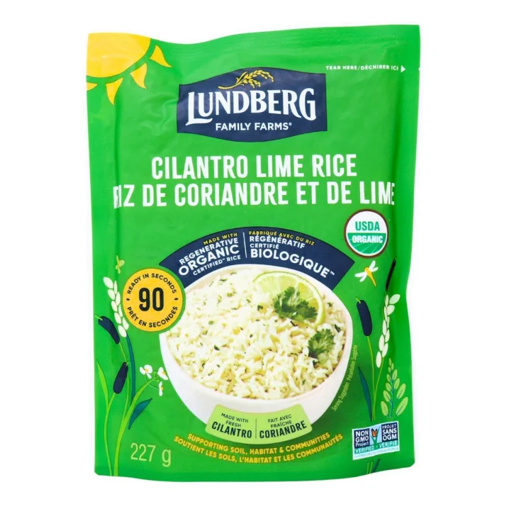 Front of Lundberg Rice Microwaveable Rice Packets Organic Jasmine Rice Cilantro Lime Rice