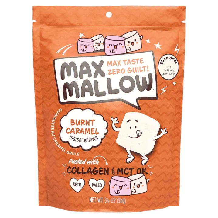 Front of Max Sweets Sugar Free Marshmallows Max Mallow Burnt Caramel, 96g