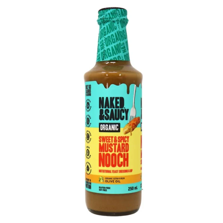 Front of Naked & Saucy Organic Nutritional Yeast Salad Dressing Sweet And Spicy Mustard