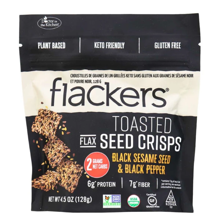 Front of Flackers toasted Flax Seed Crisps Black Sesame & Black Pepper