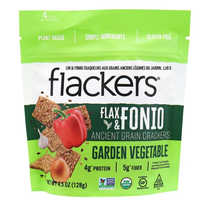 Front of Flackers Flax & Fonio Ancient Grain Crackers Garden Vegetable, 128g