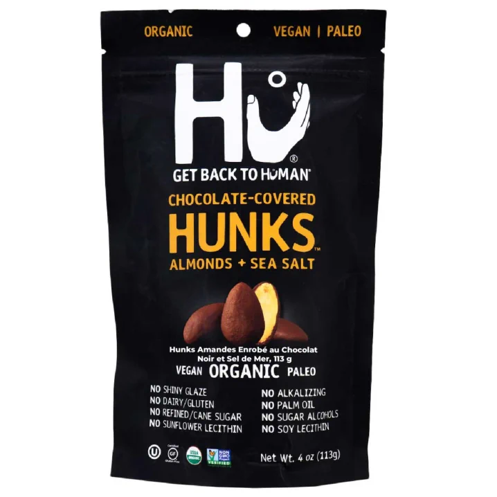 Front of Hu Dark Chocolate Covered Almonds + Sea Salt Hunks, 113g