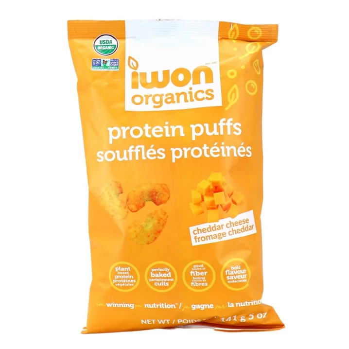 Front of IWON Organics Protein Puffs Cheddar Cheese, 141g
