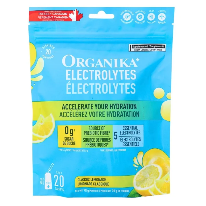 Front of Organika Sugar-Free Electrolytes Powder Classic Lemonade - Electrolytes Without Sugar - Electrolyte Packets No Sugar - Organika Electrolytes