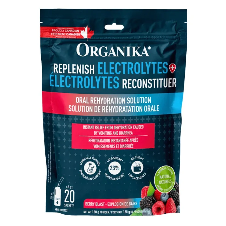 Front of Organika Replenish Electrolytes Powder Berry Blast - Electrolyte Packets - Hydration Powder - Isotonic Drink Powder
