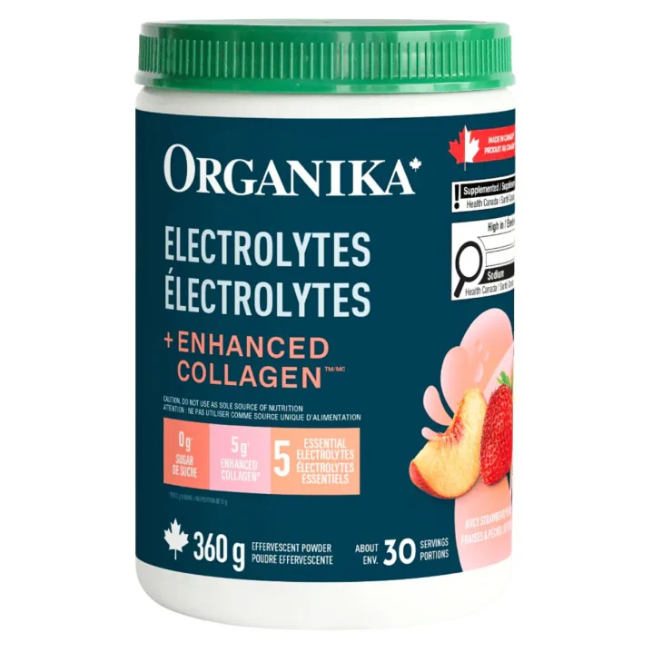 Front of Organika Electrolytes + Enhanced Collagen Juicy Strawberry Peach - Electrolyte Drink - Best Electrolyte Drink - Natural Electrolyte Drink 
