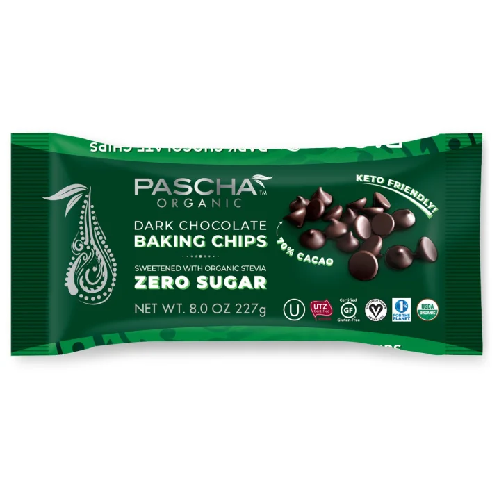 Front of Pascha Zero-Sugar Dark Chocolate Baking Chips, 227g