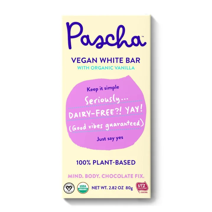 Front of Pascha Organic Vegan White Bar, 80g