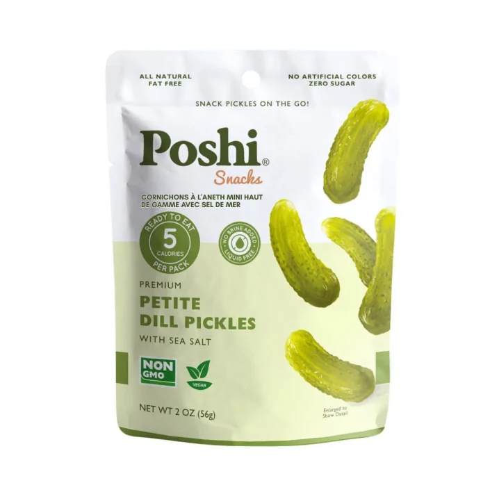Front of Poshi Snacks Petite Pickles - Small Pickles - Snacking Pickles - Kosher Petite Dill Pickles
