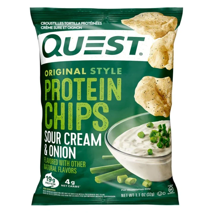 Front of Quest Protein Tortilla Chips Sour Cream & Onion - High Protein Chip - Low Sugar Tortilla Chip - Gluten Free Tortilla Chip