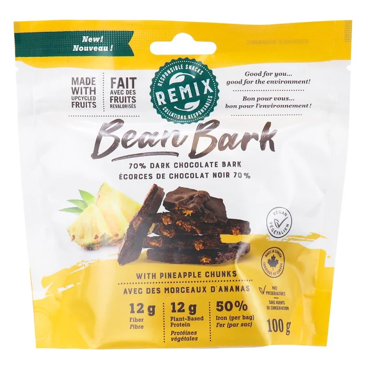 Front of Remix Snacks Bean Bark 70% Dark Chocolate Bark Pineapple, 100g