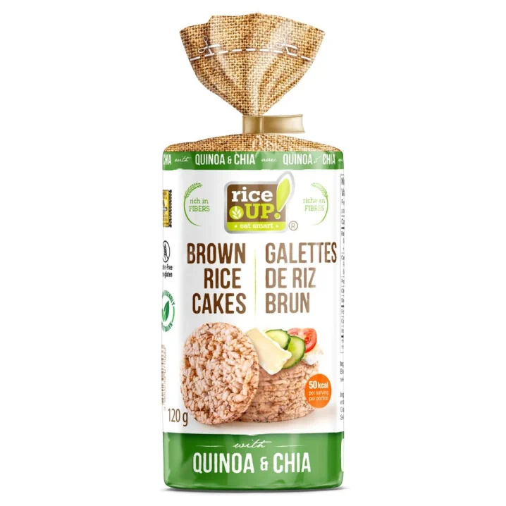 Front of RiceUP Brown Rice Cakes Quinoa Chia Puffed Rice Cakes