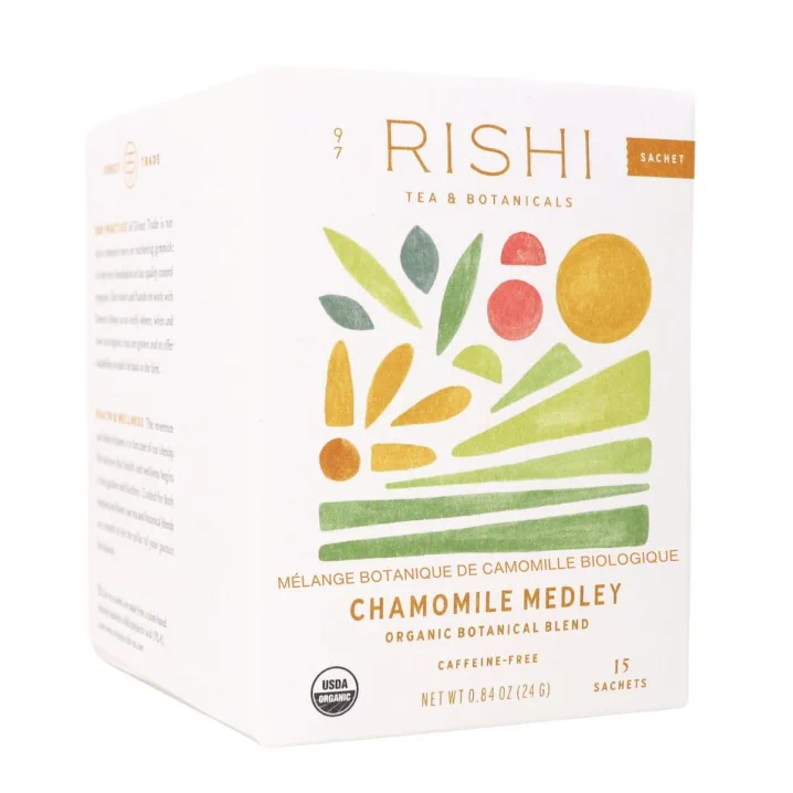 Front of Rishi Tea Organic Chamomile Tea Blend Lemon Verbena Tea Lemongrass Tea