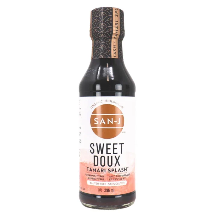 Front of San-J Gluten-Free Organic Tamari Spalsh Soy Sauce Sweet