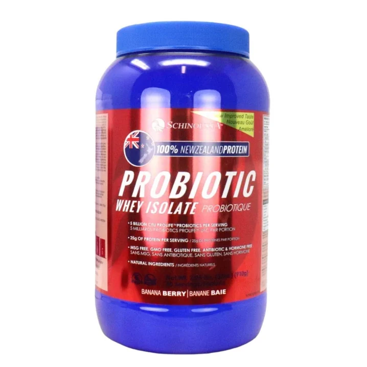 Front of Schinoussa Probiotic New Zealand Whey Protein Isolate Banana Berry