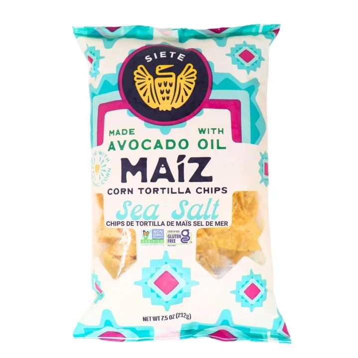 Front of Siete's Maiz Totopos Corn Tortilla Chips Sea Salt - Gluten Free Tortilla Chips - Tortilla Chips Avocado Oil - Avocado Oil Chips
