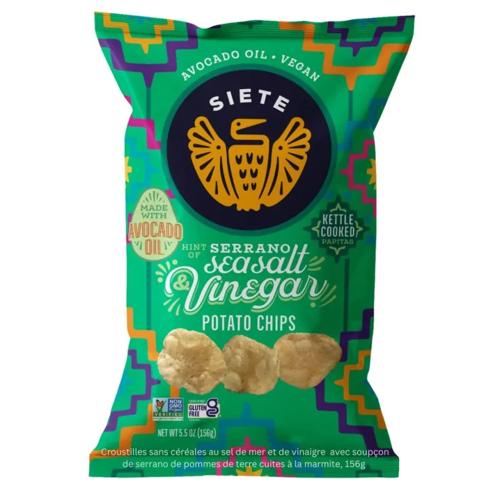 Front of Siete Grain-Free Kettle Cooked Potato Chips Hint of Serrano Sea Salt & Vinegar, 156g