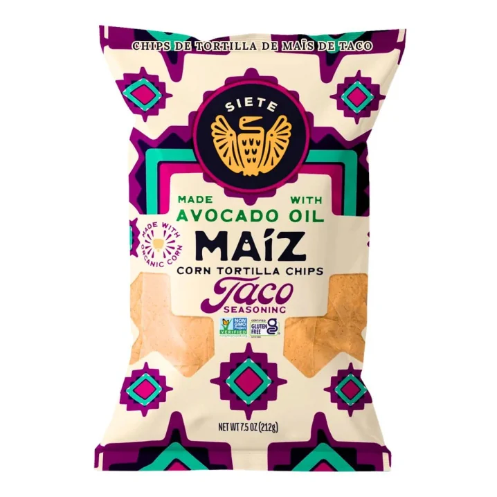Front of Siete Tortilla Chips - Siete Chips - Taco Chips -  Avocado Oil Chips
