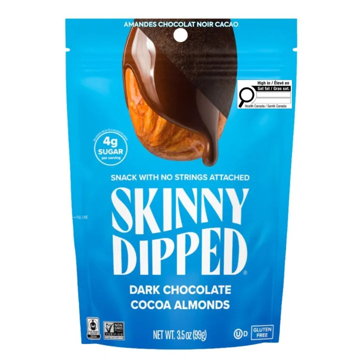 Front of Skinny Dipped Almonds Dark Chocolate Cocoa - Dark Chocolate Almonds - Fair Trade Chocolate - Chocolate Almonds