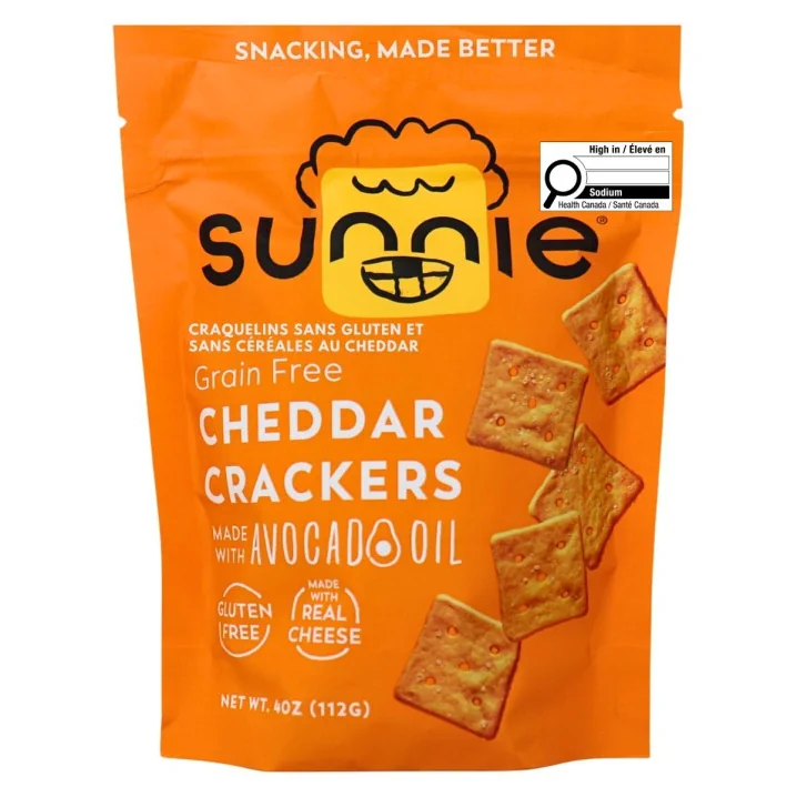Front of Sunnie Snacks Gluten-Free Grain Free Crackers Cheddar - No Gluten Crackers - Crackers Without Gluten - Cassava Flour Crackers