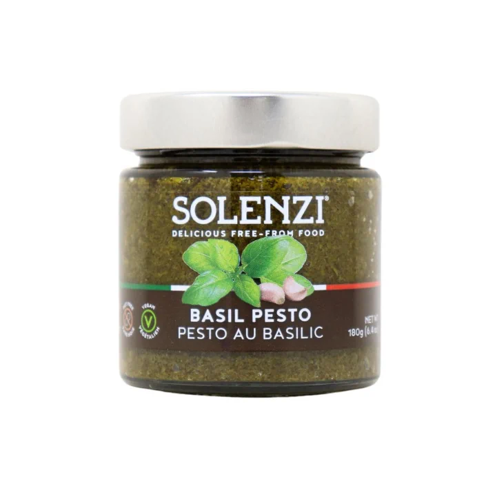 Front of SOLENZI Basil Pesto Vegan Pesto Nut-Free Pesto No Nuts Basil Pesto