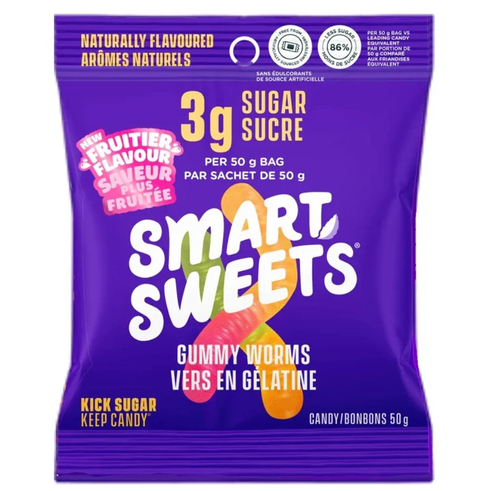Front of SmartSweets Low Sugar Gummy Worms - High Fiber Candies - No Added Sugar Gummies - Less Sugar Gummy 