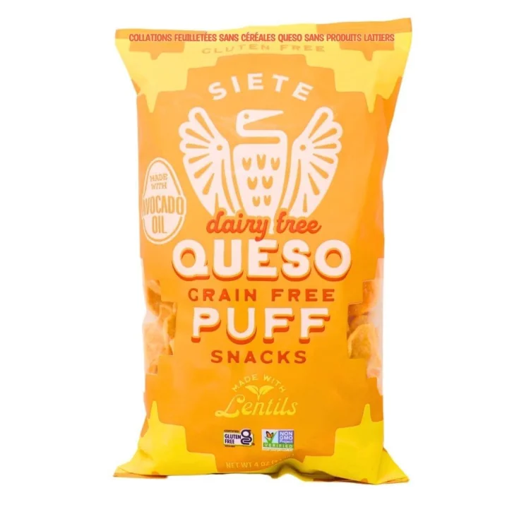 Front of Siete Grain-Free Puff Snacks Dairy-Free Queso - Grain Free Puffs- Grain Free Chips - Lentil Chips