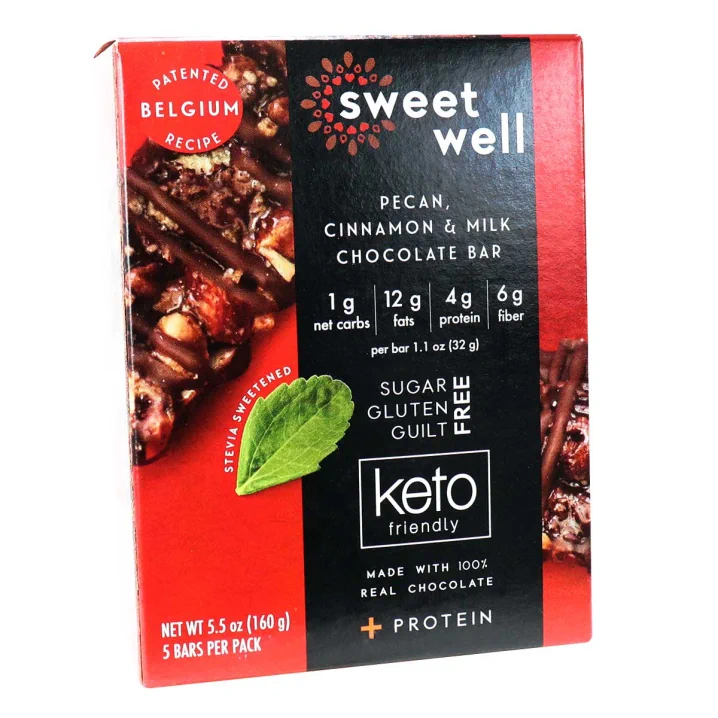 Sweetwell Keto Bar Pecan, Cinnamon & Milk Chocolate, 5 Bars Front