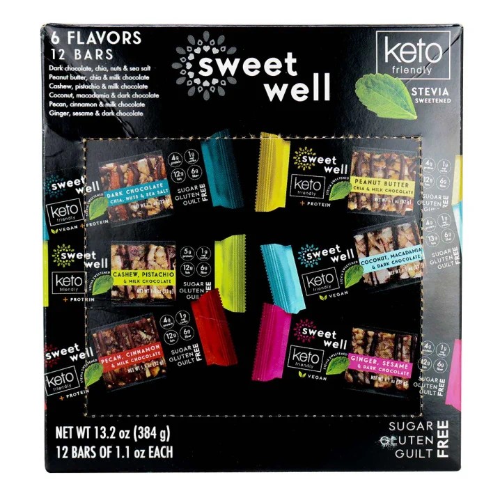 Front of Sweetwell Keto Friendly Bars Variety Pack, 12 Bars