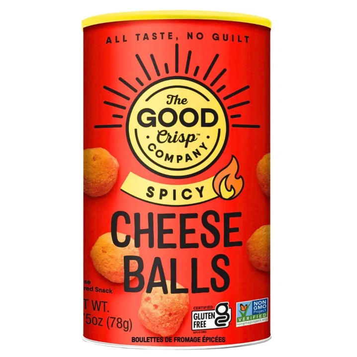 Front of The Good Crisp Company Cheese Balls Spicy - Cheese Crackers Gluten Free - Cheddar Cheese Balls - Healthy Cheese Puffs