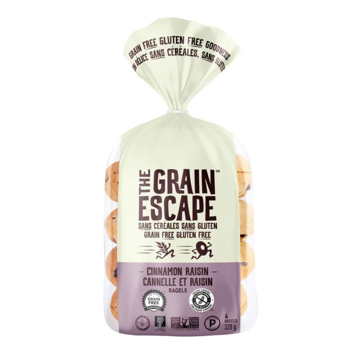 Front of The Grain Escape Grain Free Bagel Gluten Free Bagel Vegan Bagel Low-FODMAP Bagel Paleo Bagel Cinnamon Raisin
