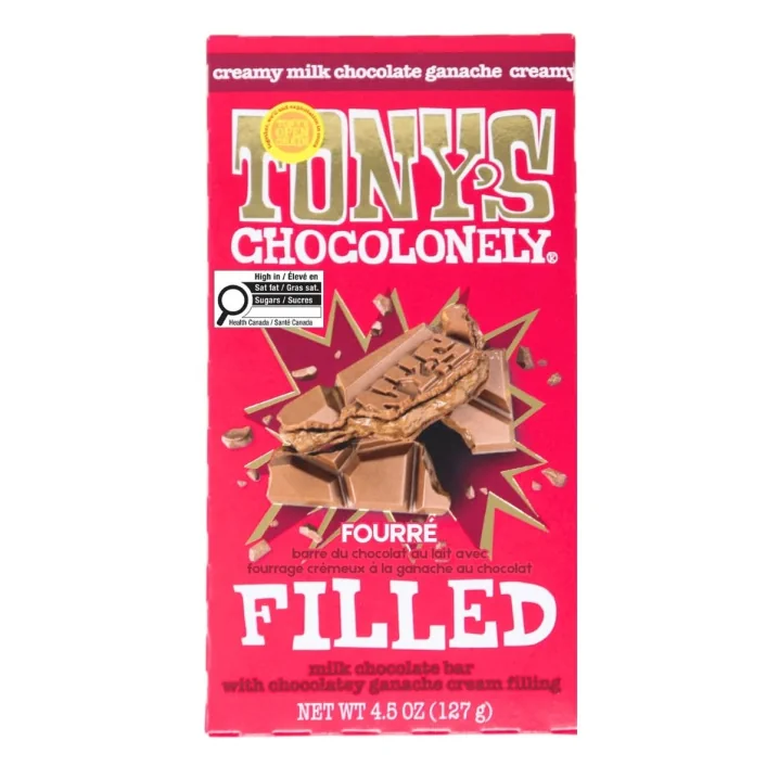 Tony's Chocolonely Filled Milk Chocolate Bar with Chocolatey Ganache Cream Filling Front of bar