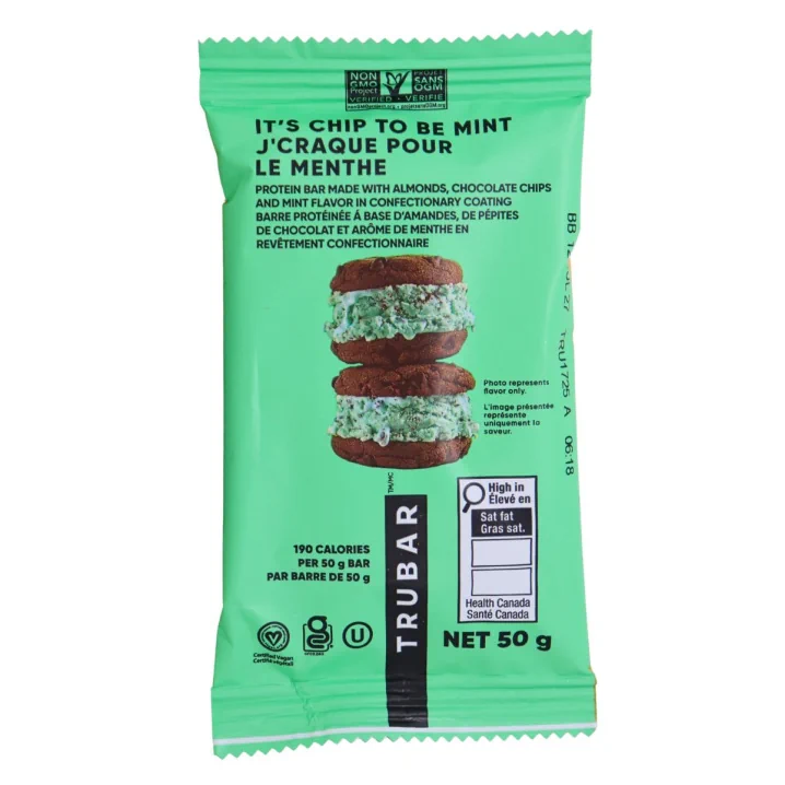 Front of TRUBAR Protein Bar It’s Mint To Be Chip - Gluten Free Vegan Protein Bars - Vegan Protein Bars Canada - Best Tasting Protein Bars