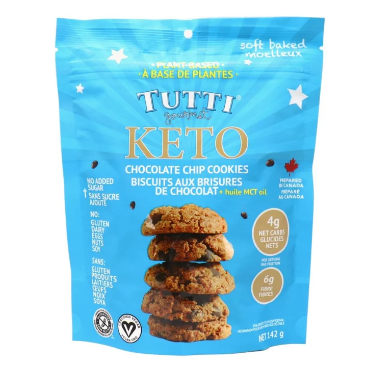 Front of Tutti Gourmet Vegan Keto Soft Baked Chocolate Chip Cookies