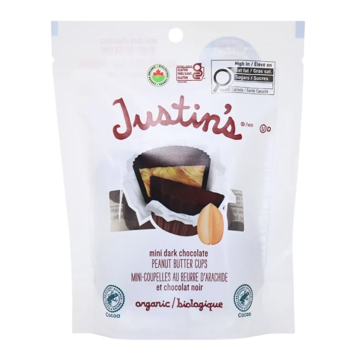 Front of Justin's Organic Mini Dark Chocolate Peanut Butter Cups - Mini Chocolate - Gluten Free Chocolate Peanut Butter Cups - Organic Dark Chocolate Treats