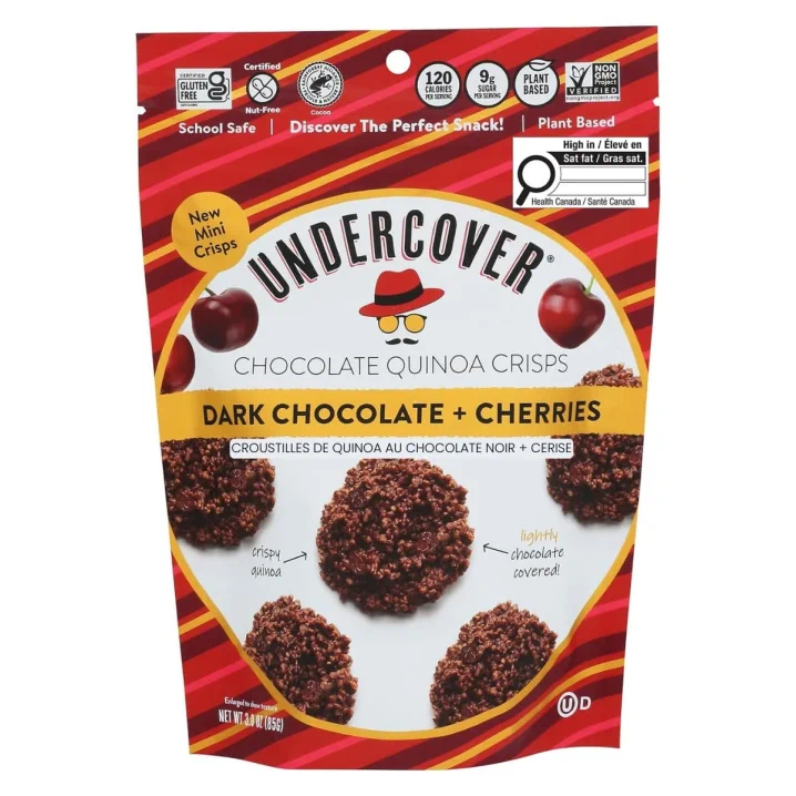 Undercover Chocolate Quinoa Crisps Dark Chocolate + Cherry Front of container