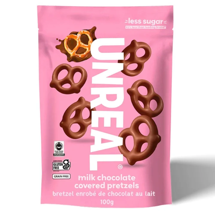 Front of Unreal Snacks Milk Chocolate Covered Pretzels Gluten Free Pretels