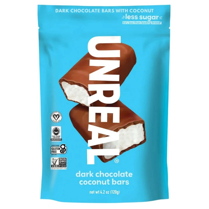 Front of Unreal Dark Chocolate Coconut Bars - Vegan fair trade chocolate - Unreal chocolates - Healthy chocolate bars