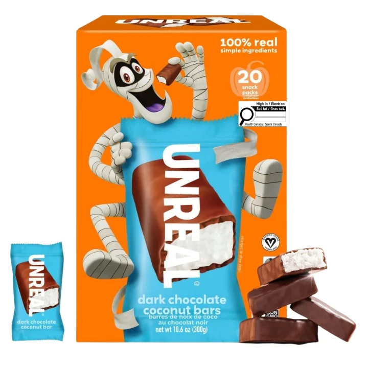 Front of Unreal Dark Chocolate Coconut Bars Halloween Healthy Halloween Treats