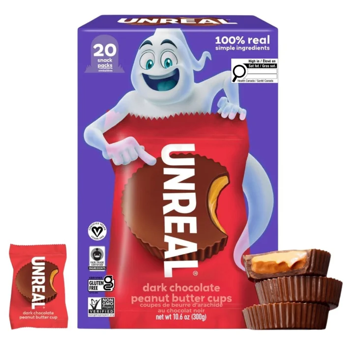 Front of Unreal Dark Chocolate Peanut Butter Cups - Healthy Peanut Butter Cups - Healthy Halloween Chocolate - Low Sugar Halloween Chocolates