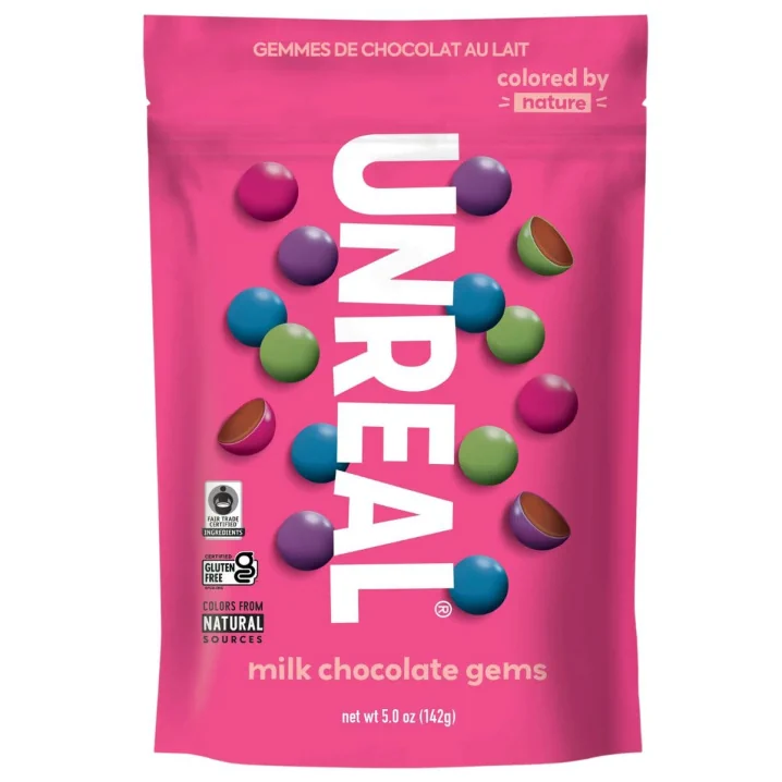 Front of Unreal Milk Chocolate Gems - Fair trade chocolate canada - 
Healthy chocolate candy options - Healthy chocolate