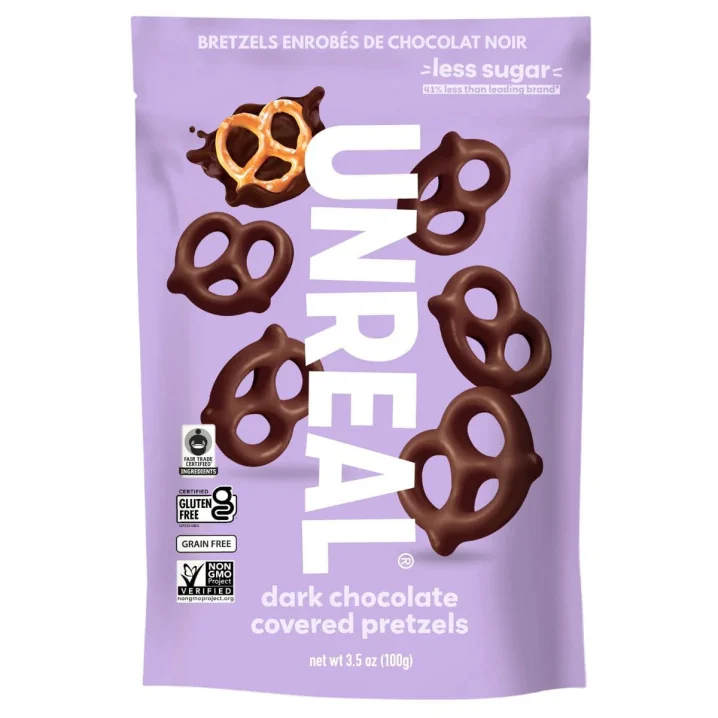Front of Unreal Snacks Dark Chocolate Covered Pretzel - Gluten-Free Pretzels - Gluten Free Chocolate Covered Pretzels, Grain Free Pretzels