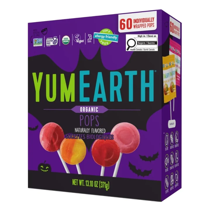 YumEarth Organic Pops Halloween , 60 Assorted Lollipops Front of box