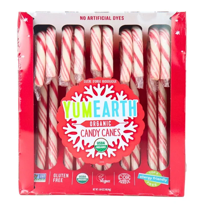 Front of YumEarth Organic Candy Canes - Holiday Candies List - Best Holiday Candy - Allergen Friendly Candy Canes