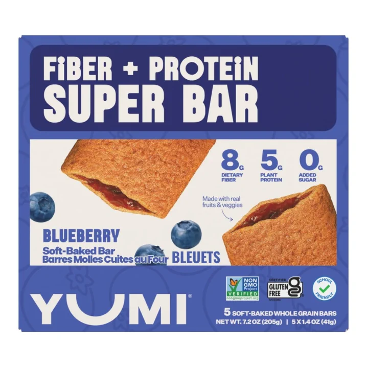 YUMI Fiber + Protein Super Bar Blueberry, 5 Soft Baked Bars