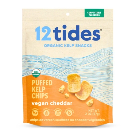 Front of 12 Tides Puffed Chips Seaweed Kelp Chips Seaweed Snacks Vegan Cheddar