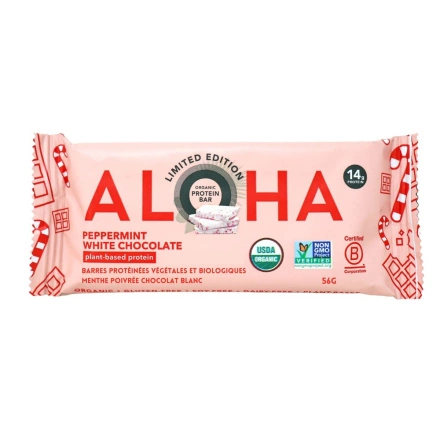 Front of ALOHA Protein Bars Peppermint White Chocolate Gluten-Free Organic Plant-Based Protein Bar