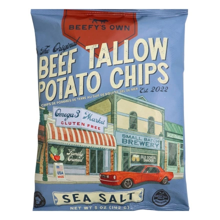 Front of Beefy’s Own Beef Tallow Potato Chips Sea Salt - non GMO potato chips - gluten free chips - No sugar added chips